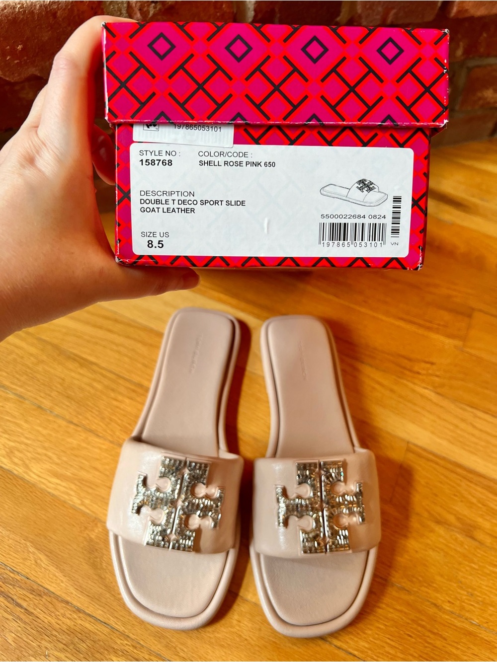 Tory Burch Shell Rose Pink Double T Crystal Deco Sport Slide Sandals - Picture 12 of 14